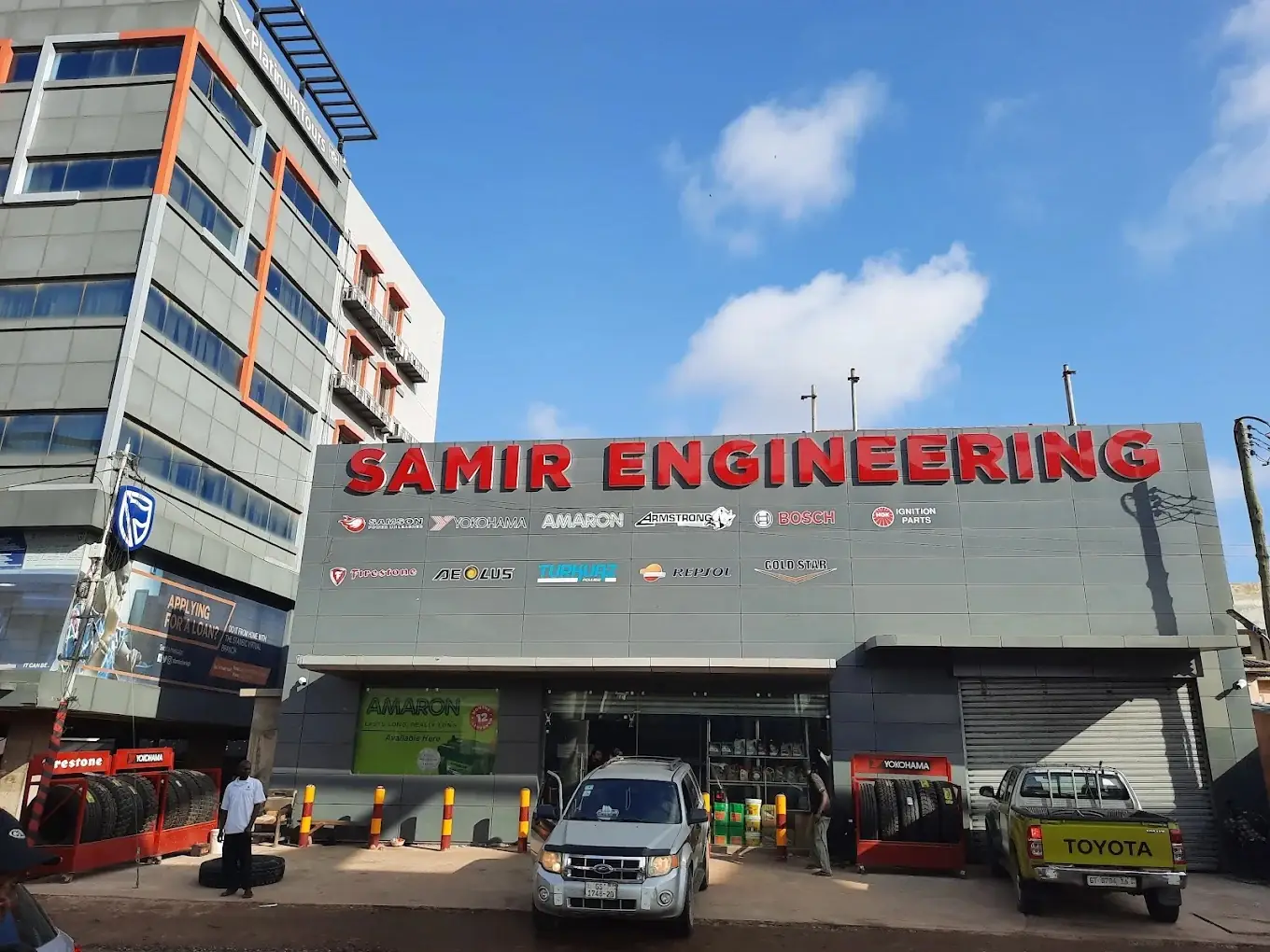 Samir Engineering storefront in Accra with tyre displays and partner brand signage
